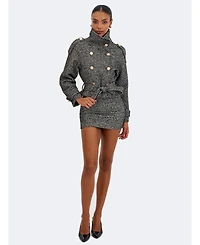 Miss Circle Women's Sadie Black and White Tweed High Collar Belted Mini Jacket