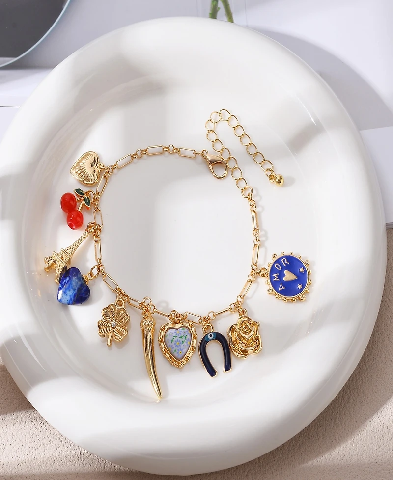 Nicole Miller Gold-Tone Eiffel Tower, Heart, Rose, Horseshoe, Clover, Cherry, and Amor Charms Bracelet