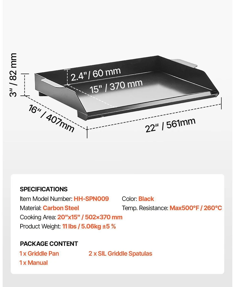 Mecale Carbon Steel Griddle Plate, 22" x 16", Flat Top for Bbq Grill and Teppanyaki, Portable for Camping