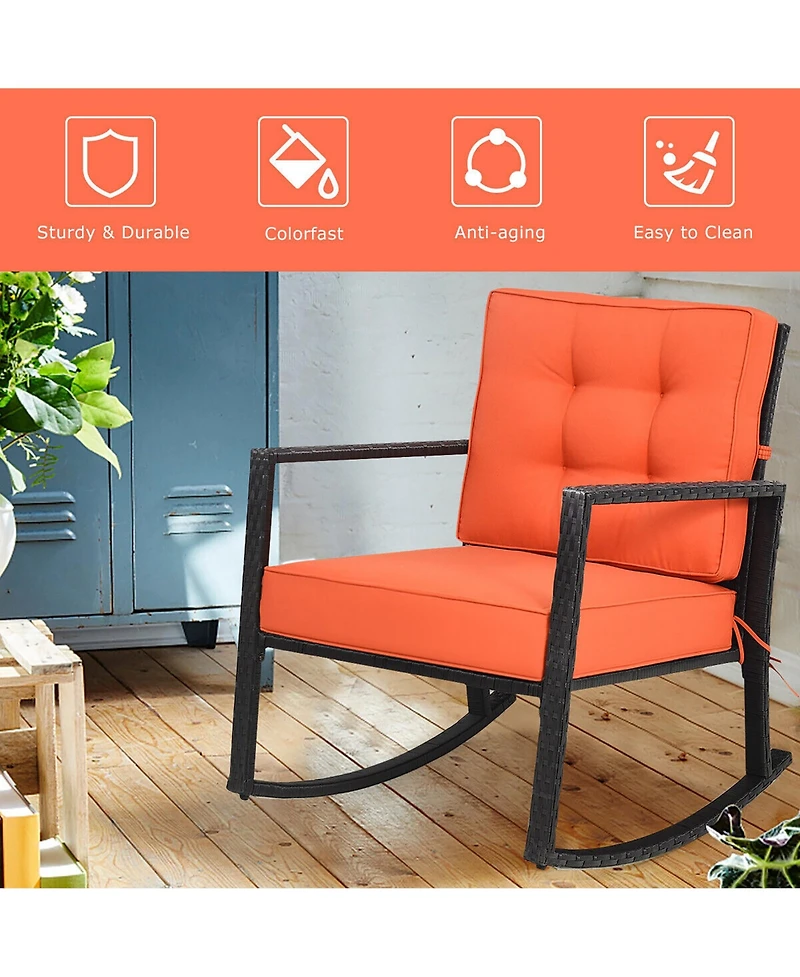 Gymax Outdoor Wicker Rocking Chair Patio Lawn Rattan Single Chair Glider with Cushion