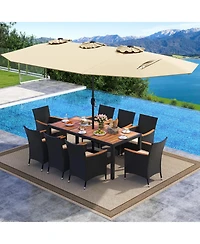 Costway 11 Pcs Patio Wicker Dining Set with Double-Sided Outdoor Umbrella 8 Stackable Chairs