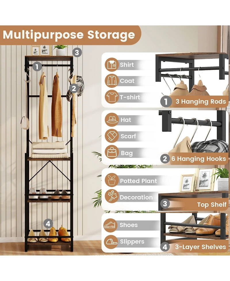 Gouun Freestanding Coat Rack with 4 Storage Shelves and 6 Hooks