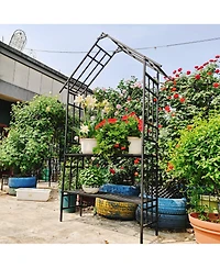 Clihome Metal Garden Arch with Bench Turned into Flower Stand W58.07H97.24 Climbing Plants Support Rose Arch Outdoor