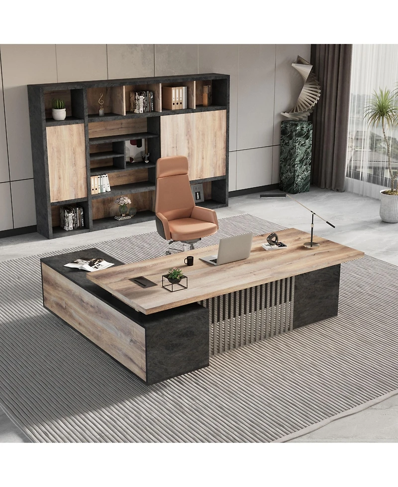 Logicfox Large Executive Desk with Drawers Cabinet Outlet Cable Management for Business Furniture Set Workstation