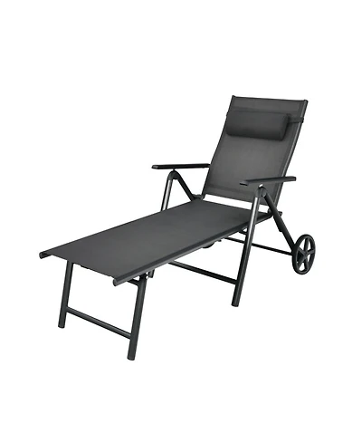 Adjustable Patio Lounge Chair with Wheels, Neck Pillow and Aluminum Frame