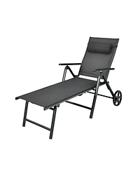 Adjustable Patio Lounge Chair with Wheels, Neck Pillow and Aluminum Frame