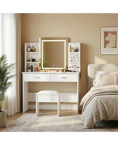 gaomon Makeup Vanity Desk with Led Mirror, 2 Drawers, Power Outlet & Cushioned Stool, 3 Light Modes