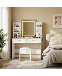gaomon Makeup Vanity Desk with Led Mirror, 2 Drawers, Power Outlet & Cushioned Stool, 3 Light Modes