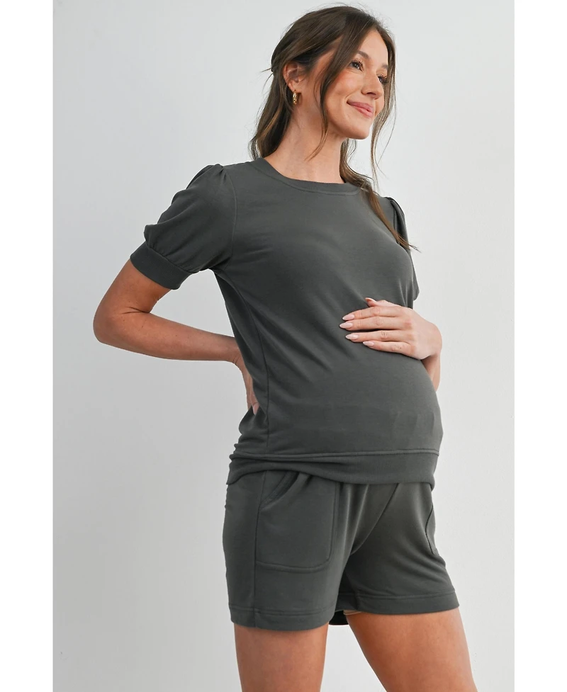 Hello Miz Maternity French Terry Lounge Set - Puff Sleeve Top and Shorts with Pockets
