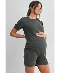 Hello Miz Maternity French Terry Lounge Set - Puff Sleeve Top and Shorts with Pockets
