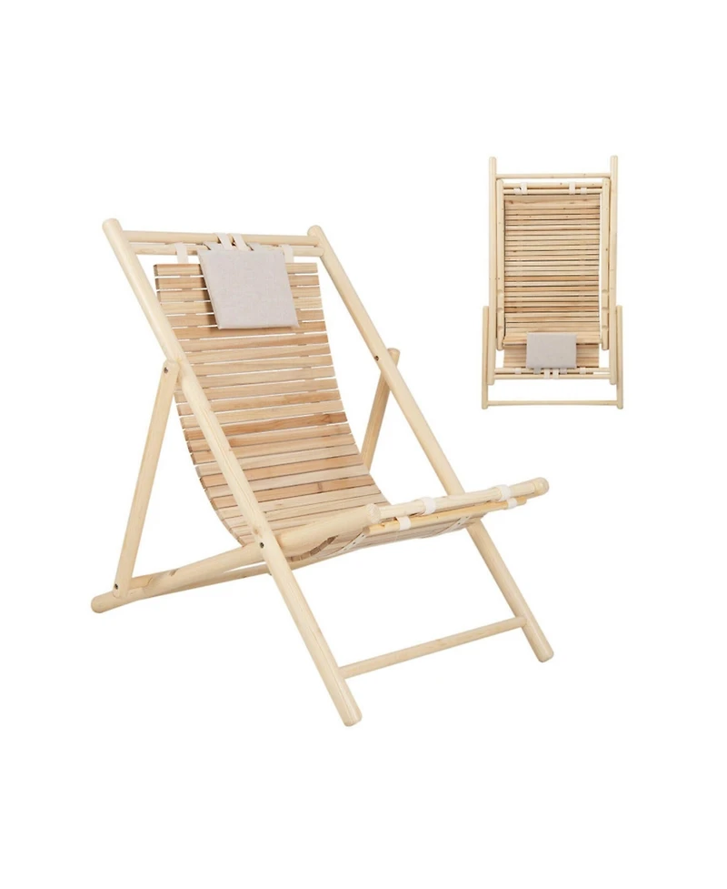 Clihome Solid Fir Wood Lounge Chair 3-Level Adjustable Backrest Padded Headrest