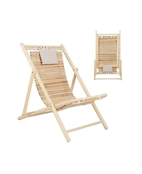 Clihome Solid Fir Wood Lounge Chair 3-Level Adjustable Backrest Padded Headrest