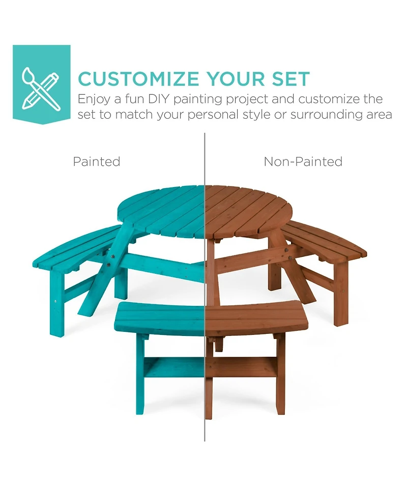 Best Choice Products 6-Person Circular Outdoor Wooden Picnic Table w/ 3 Built-In Benches, Umbrella Hole