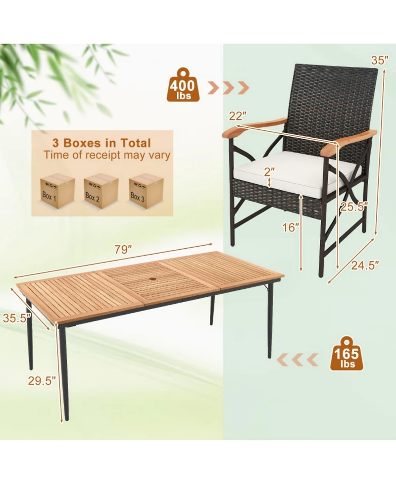 Clihome 79 Inch Outdoor Acacia Wood Dining Table and 8 Rattan-woven Dining Chairs with Umbrella Hole
