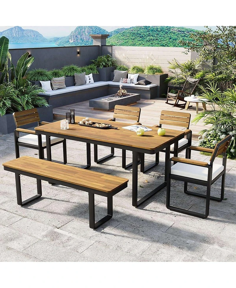 Asagikoiai 6-Piece Acacia Wood Outdoor Dining Set with Cushions and Bench, Patio Furniture for 6-Asagikoiai