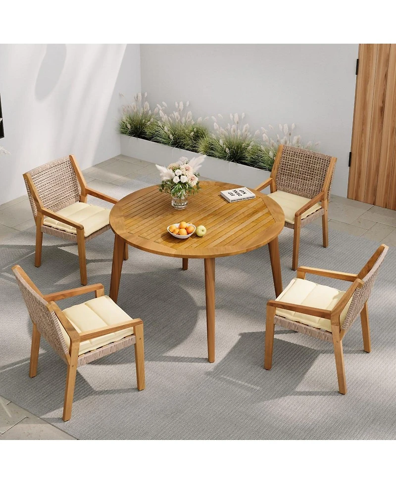 Asagikoiai 4-Piece Wicker Patio Dining Set with Acacia Wood Table and Weatherproof Cushions