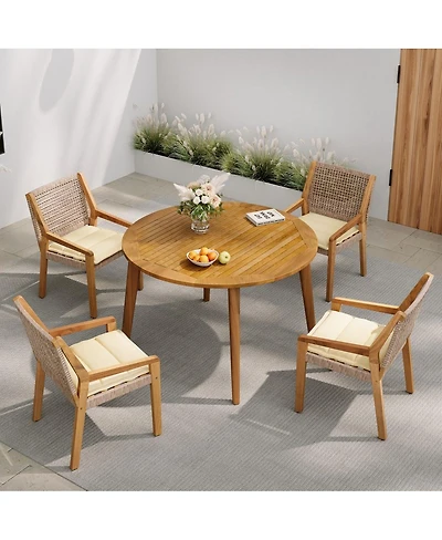 Asagikoiai 4-Piece Wicker Patio Dining Set with Acacia Wood Table and Weatherproof Cushions