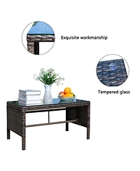 Clihome 30.75" Outdoor Patio Coffee Table Tempered Glass Top Rattan Table