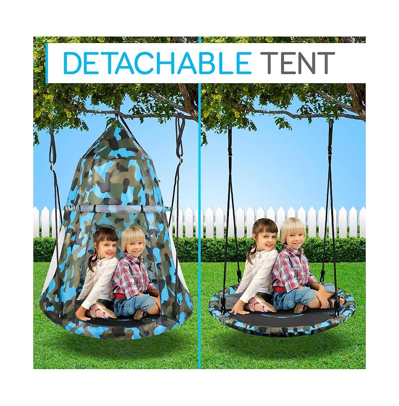 SereneLife Toddler Kids Hanging Tent Swing, Outdoor Saucer Swing with Hanging Kit and Swivel Spinner, Backyard Play Swing