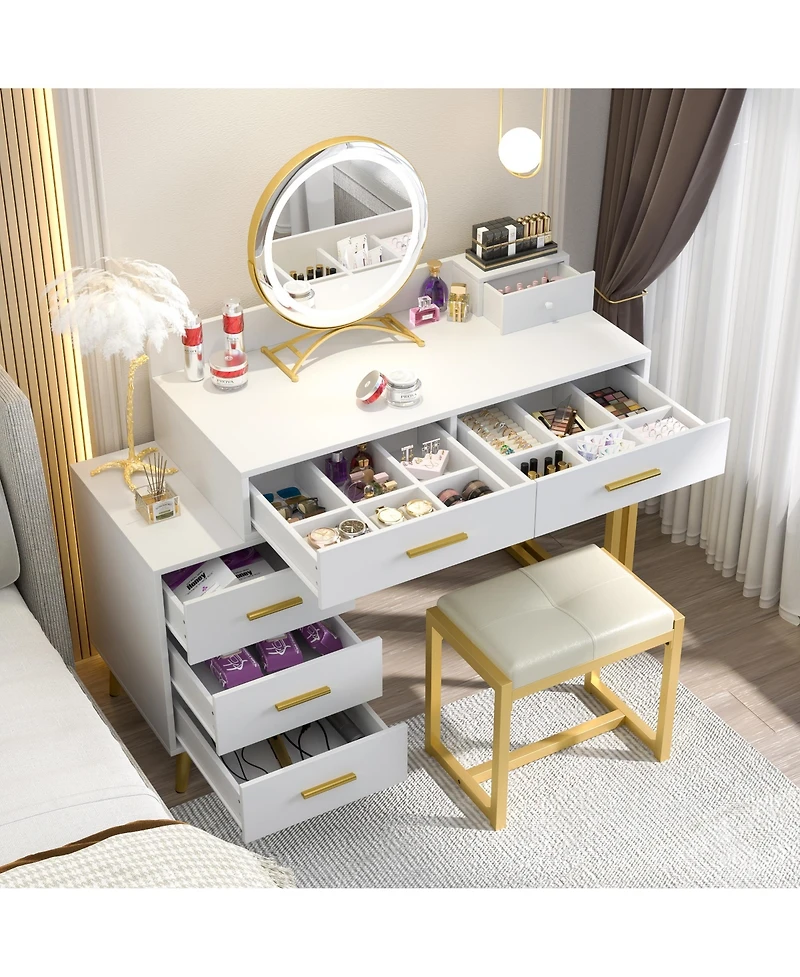 Aheaplus Vanity Desk with Mirror and Lights, Makeup Set 6 Drawers Stool