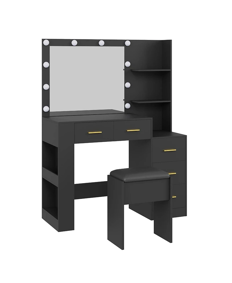 gaomon 41" Large Makeup Vanity Desk with 10-Bulb Mirror and Built-in Outlets - Dressing Table Featuring 3 Color Lighting Modes, 5 Drawers