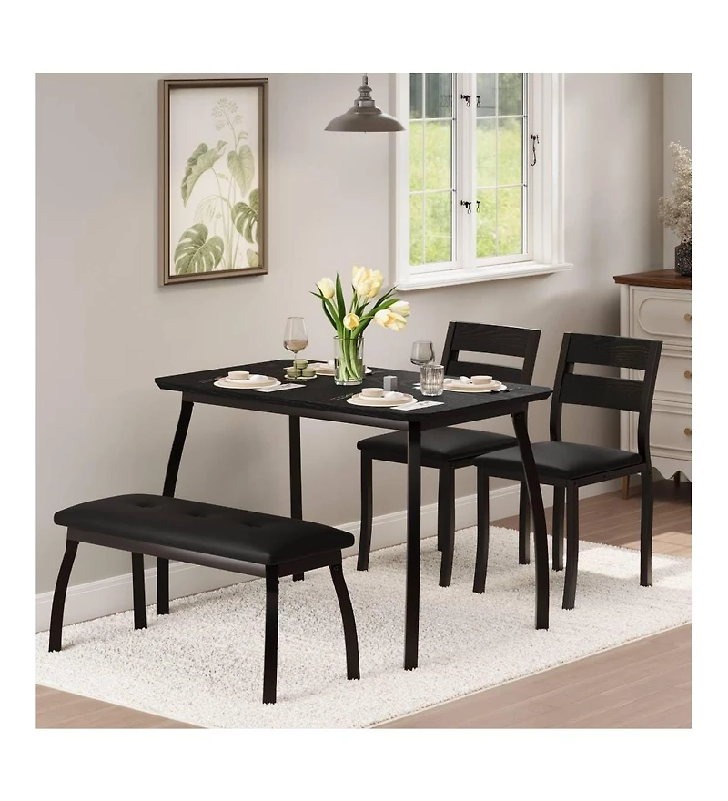 gaomon Dining Table Set for 4 Wooden Kitchen with Chamfer Design and Metal Legs Upholstered Bench