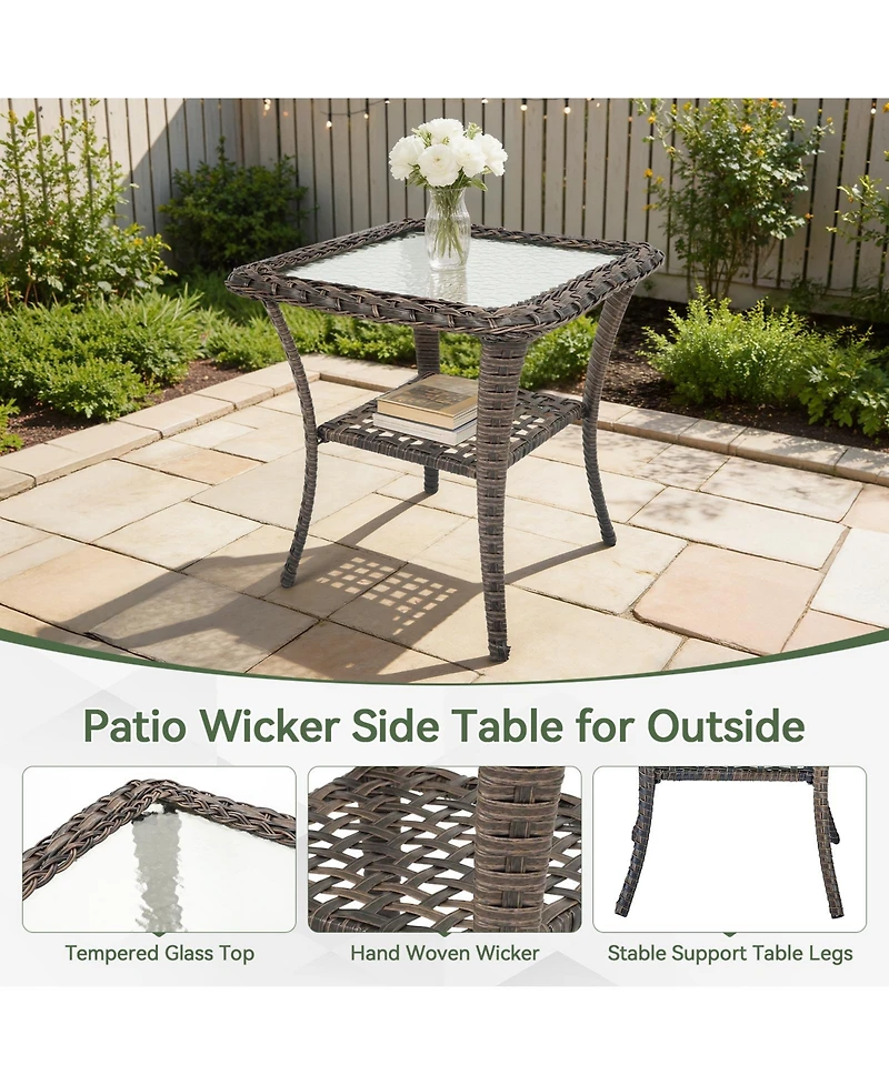 Pocassy Outdoor Side Table - Tempered Glass Wicker Table, Waterproof Patio Coffee Rattan End with Storage