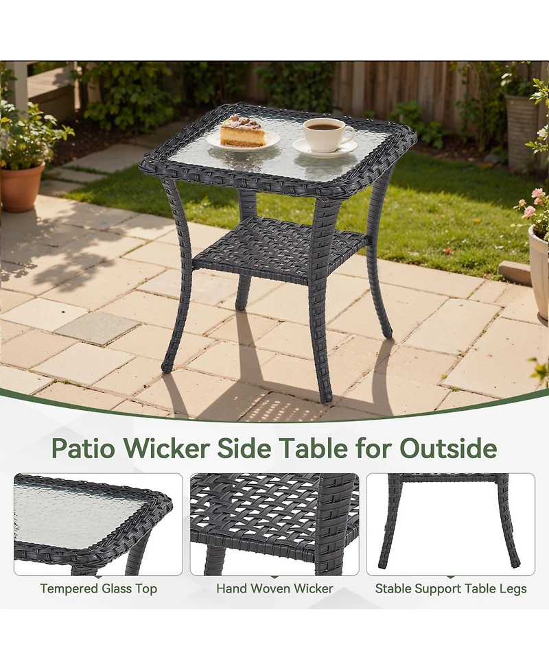Pocassy Outdoor Side Table - Tempered Glass Wicker Table, Waterproof Patio Coffee Rattan End with Storage