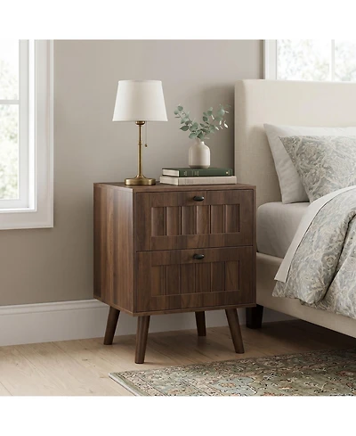 Sailvan Mid-Century Modern Double-Drawer Bedside Table 2-Pack, Walnut with Solid Wood Legs
