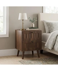 Sailvan Mid-Century Modern Double-Drawer Bedside Table 2-Pack, Walnut with Solid Wood Legs