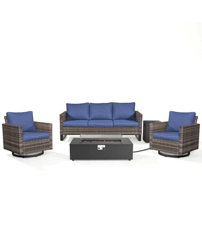 Pocassy Outdoor Patio Furniture Set with Fire Pit Table, Rattan Wicker Swivel Rocker Chairs Sets Glider Chair and Kit