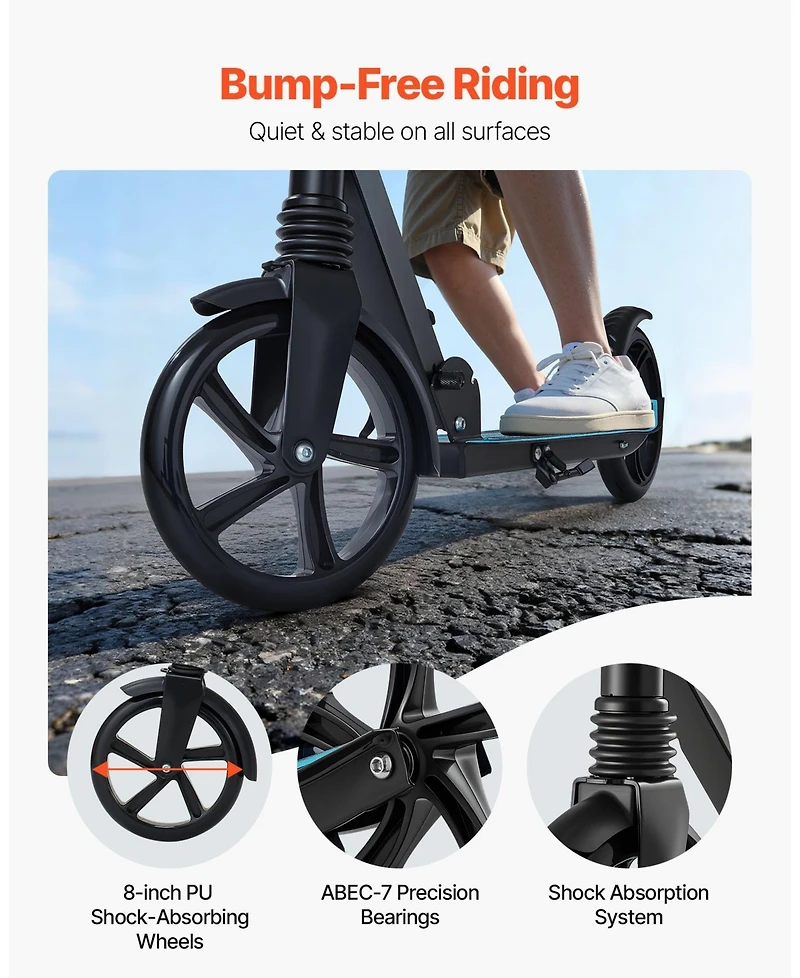 Mecale 2-Wheel Kick Scooter, Adjustable Handlebar, Wide Non-Slip Deck, Foldable Lightweight, 220-Lb Capacity