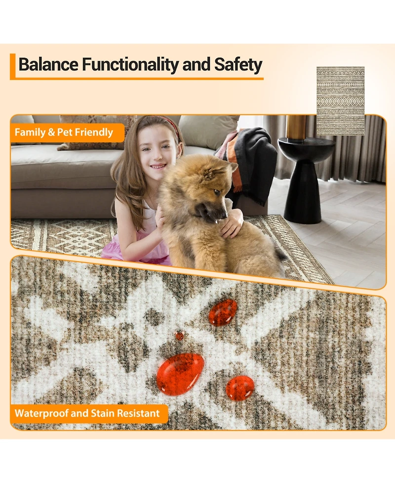 gaomon Washable Geometric Area Rug, Soft Non Slip Low Pile Indoor Carpet for Living Room Bedroom, Taupe 8 x 10 ft