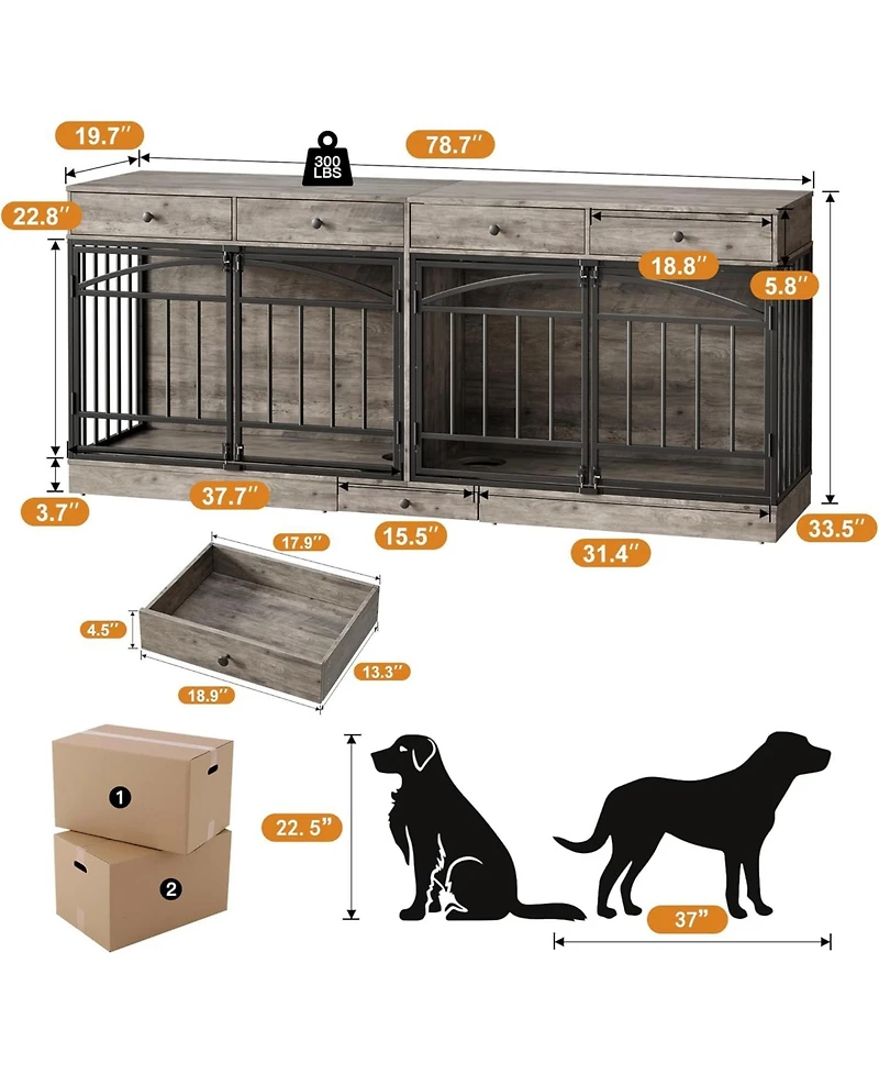 gaomon Dog Crate Furniture for 2 Dogs, Dog Kennel Indoor with 4 Storage Drawers and Feeding Bowls