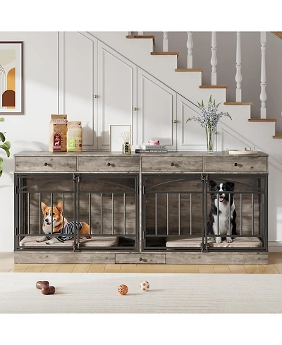 gaomon Dog Crate Furniture for 2 Dogs, Dog Kennel Indoor with 4 Storage Drawers and Feeding Bowls