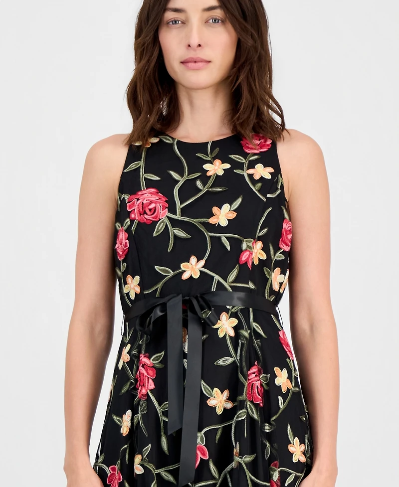 Tahari Asl Women's Embroidered Belted Sleeveless Dress