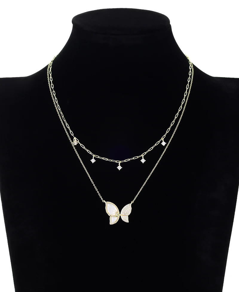 Unwritten Imitation Pearl and Cubic Zirconia Butterfly Pendant Duo Necklace Set