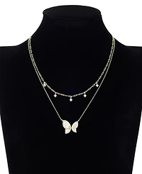 Unwritten Imitation Pearl and Cubic Zirconia Butterfly Pendant Duo Necklace Set