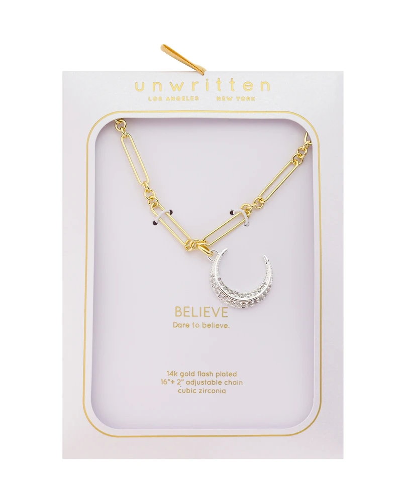 Unwritten Cubic Zirconia Fine Silver-Plated Moon Pendant Necklace