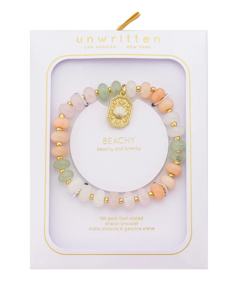 Unwritten Semi Precious Stone Gold-Tone Plated Seashell Charm Stretch Beaded Bracelet