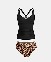 Cupshe Women's Crisscross Back Cutout Ruched Double Straps Tankini Sets