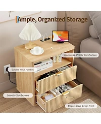 homfan Bedside Table with Charging Station, Usb Ports and Power Outlet, Drawers and Open Shelf Compact End Table for Small Spaces Home Office