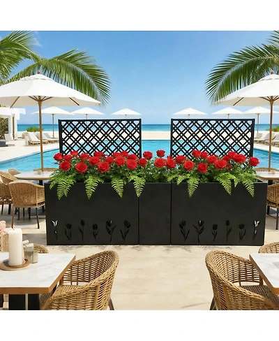 Asagikoiai Metal Planter-Trellis Combo Set of 3, Raised Garden Bed Set with Privacy Screen