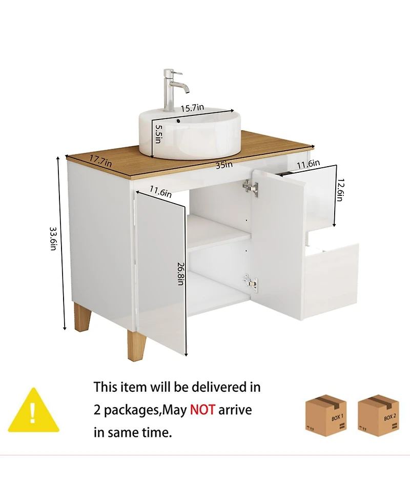 Sillysis Freestanding Bathroom Vanity with Sink, Modern Solid Wood Top, Soft Close Drawers, Round Countertop Basin