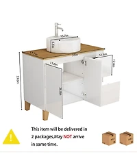 Sillysis Freestanding Bathroom Vanity with Sink, Modern Solid Wood Top, Soft Close Drawers, Round Countertop Basin