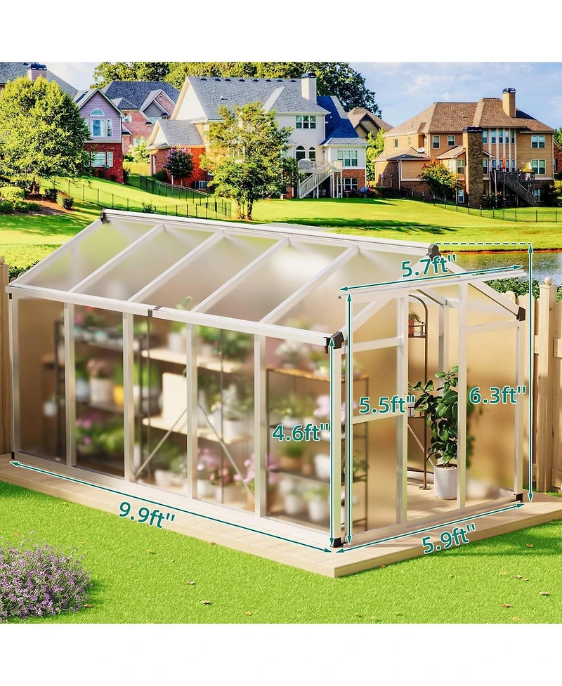 gaomon 6x10 feet Walk-In Greenhouse, Polycarbonate Panels, Adjustable Roof Vent & Sliding Door, Aluminum Frame, Garden & Patio