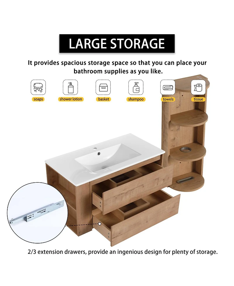 Sillysis Wall Mounted Bathroom Vanity with Sink, Double Door Soft Close Cabinet and 3-Tier Storage Rack for Modern Bathroom