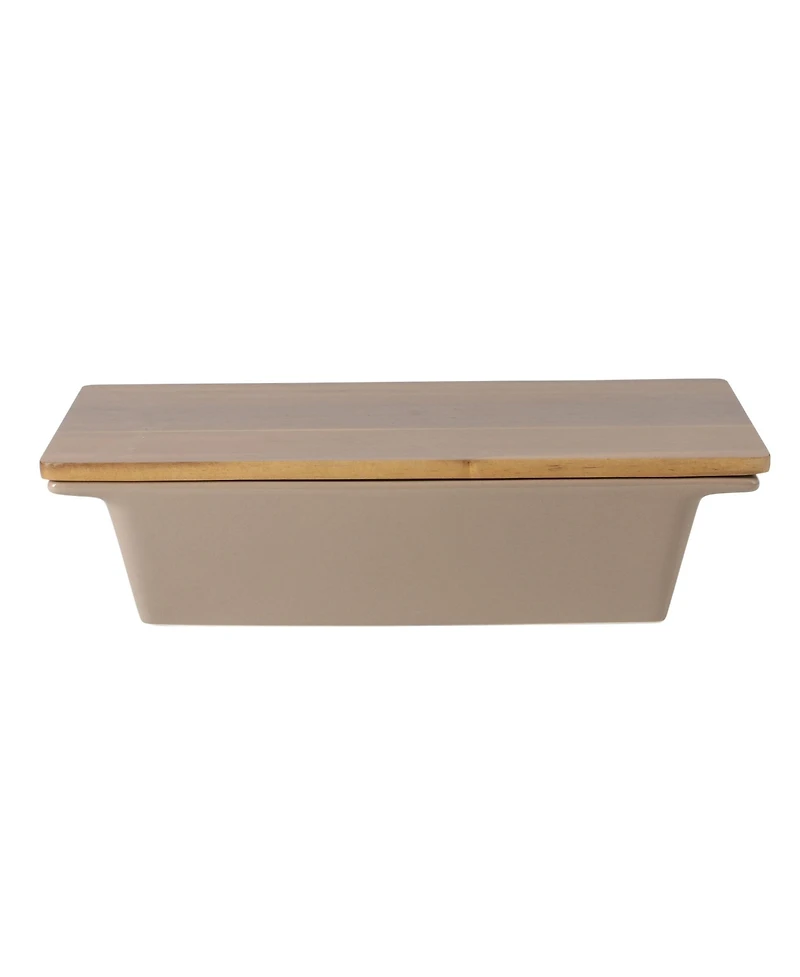 Gibson Home Elite 2.75-Quart 13.5" x 8.5" Stoneware Baking Dish with Acacia Wood Lid – Taupe Rectangular Oven Safe Baker