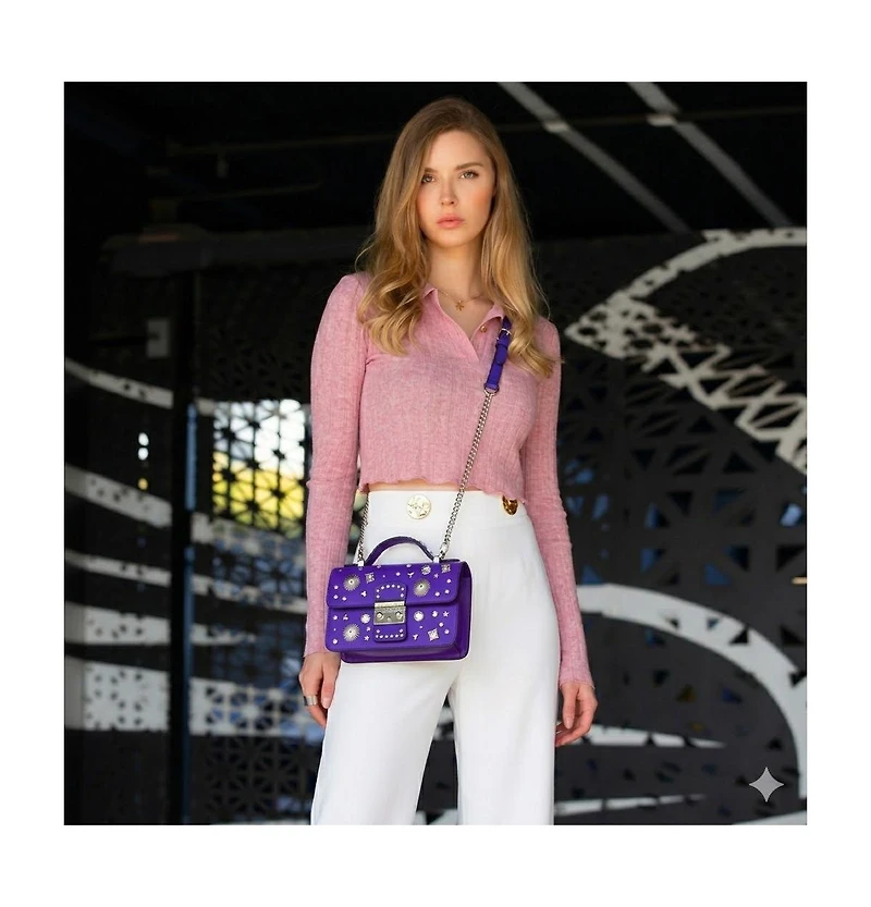 Susu Womens Royal Blue Purple Leather Studded Mini Crossbody Bag Structured Top Handle Satchel with Buckle Closure