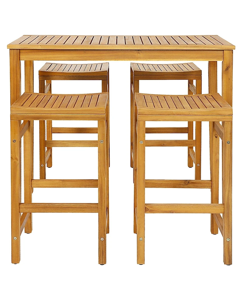 Gymax 5 Pieces Patio Acacia Wood Bar Set Outdoor Bar Height Table and Saddle Stool Chairs Set